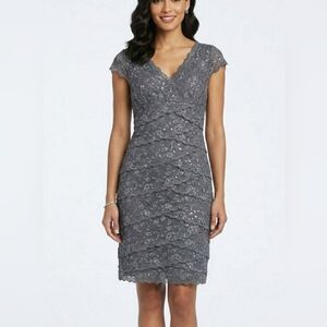 Marina Gray Lace Sequin Layered Tiered Cocktail Dress Size 8